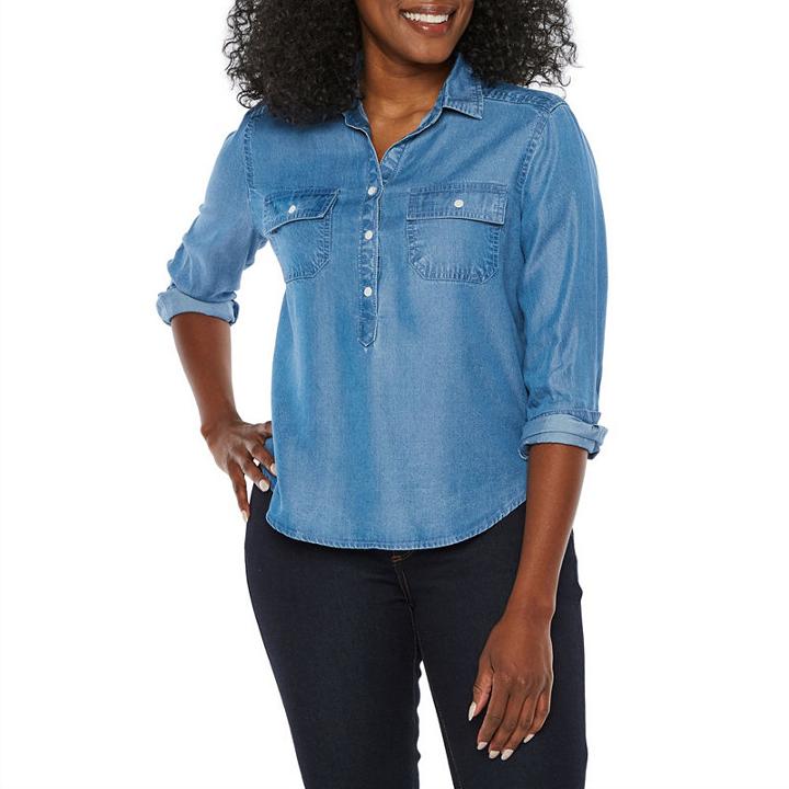 Liz Claiborne Long Sleeve Y Neck Tencel Lyocell Blouse-petite