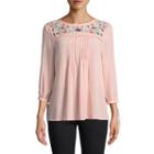 St. John's Bay Embroidered 3/4 Sleeve Fitted Sleeve Peasant Top