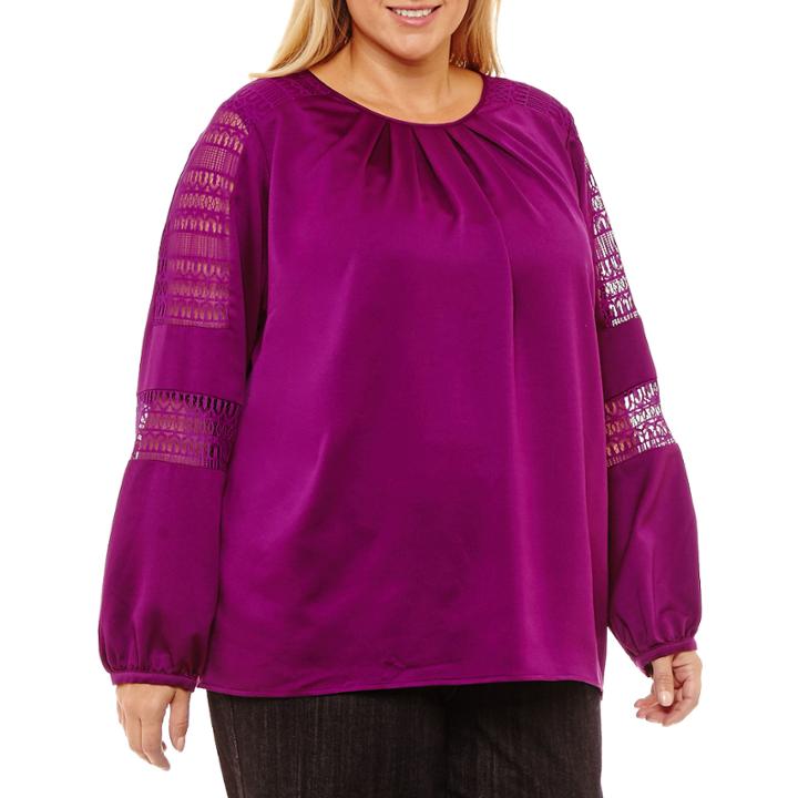 Liz Claiborne Lace Sleeve Pleat Neck Blouse-plus