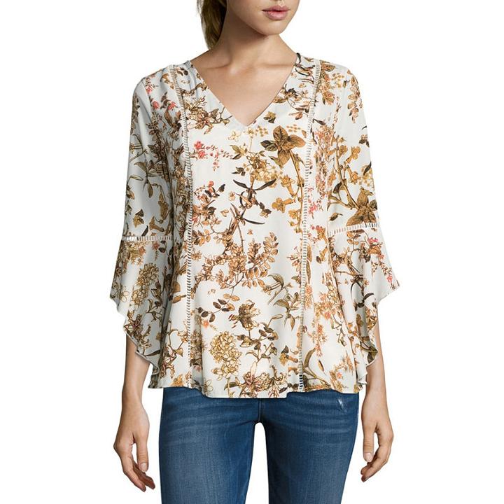 Belle + Sky 3/4 Sleeve V Neck Lace Inset Blouse