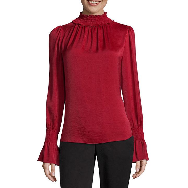 Worthington Long Sleeve Mock Neck Woven Blouse - Tall