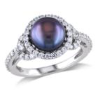 Womens Black Pearl Sterling Silver Cocktail Ring