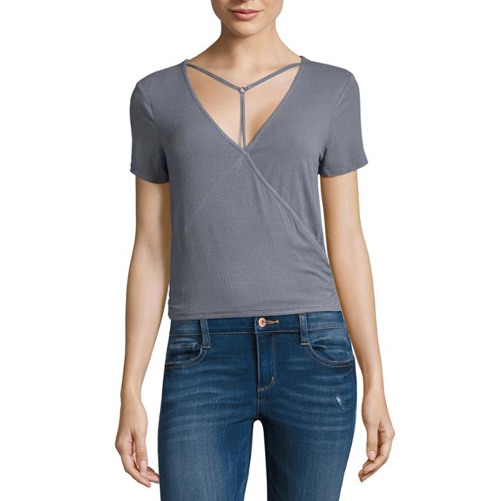 Arizona Long Sleeve V Neck T-shirt-womens Juniors