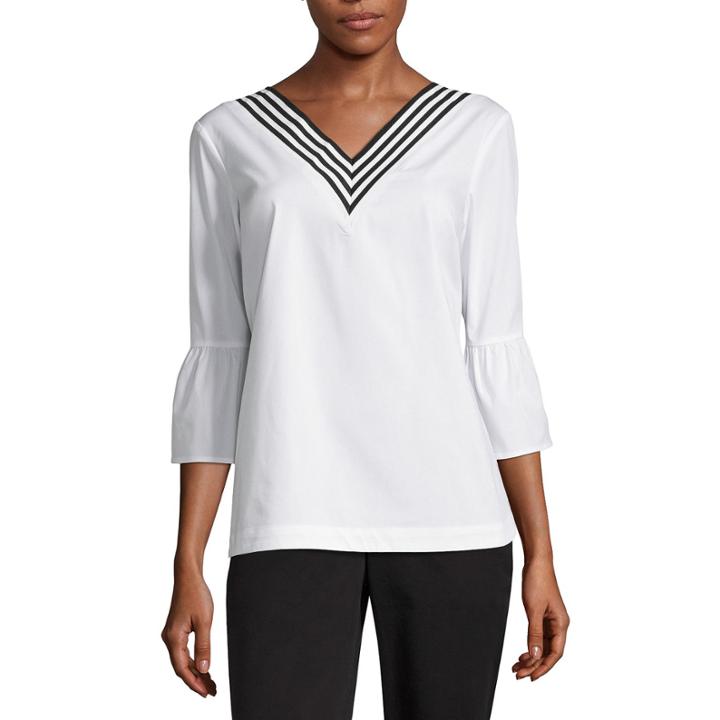 Como Blu 3/4 Sleeve V Neck Woven Stripe Blouse