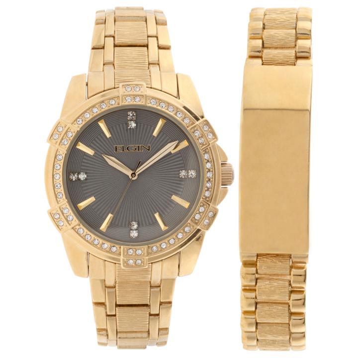 Elgin Mens Gold Tone Id Bracelet Watch Set Fg10009st