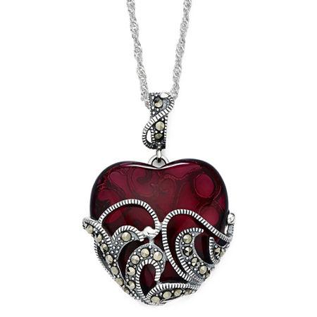 Marcasite And Red Stone Sterling Silver Heart Pendant Necklace