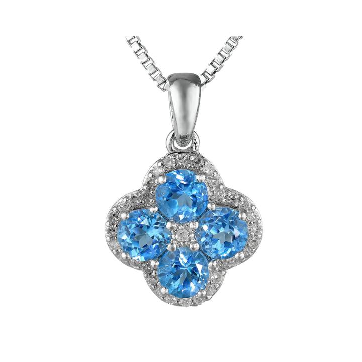 Genuine Blue And White Topaz Flower Sterling Silver Pendant Necklace