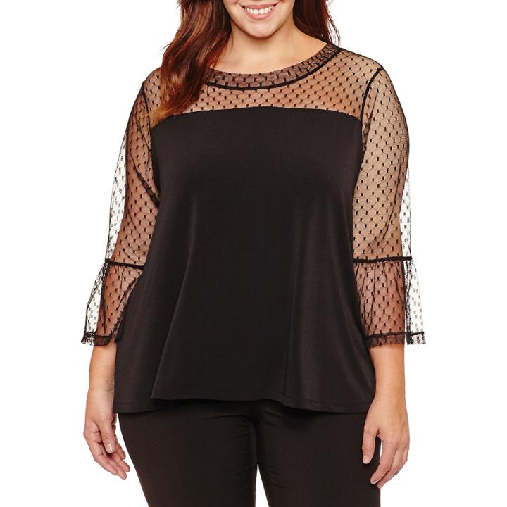 Worthington Long Mesh Sleeve Knit Blouse-plus