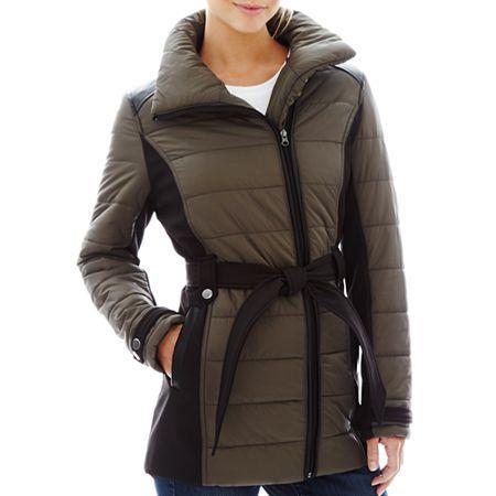 Kc Collections Mixed Media Belted Puffer Jacket