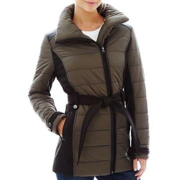 Kc Collections Mixed Media Belted Puffer Jacket