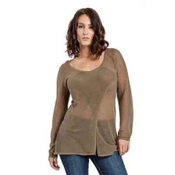 Women Mesh Knit Scoop Neck Sweater Crossover Panel Cotton Acrylic