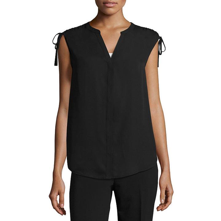 Worthington Short Sleeve V Neck Woven Blouse-petites