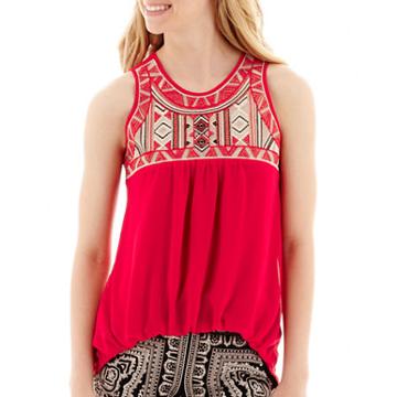 By & By Sleeveless Solid Chiffon Embroidered Bubble-hem Top
