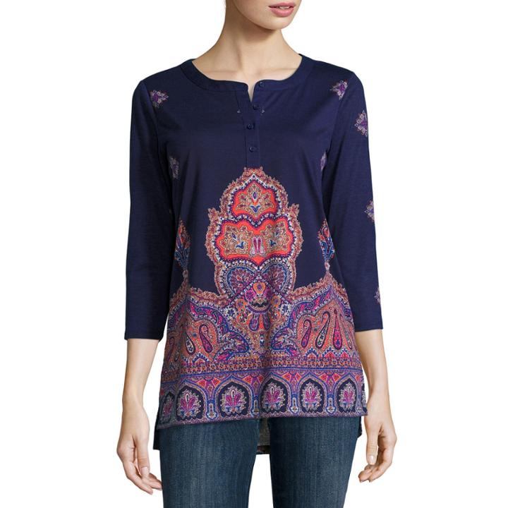 Liz Claiborne 3/4-sleeve Paisley Border Henley Tee