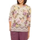 Alfred Dunner Palm Dessert 3/4 Sleeve Split Crew Neck T-shirt-womens