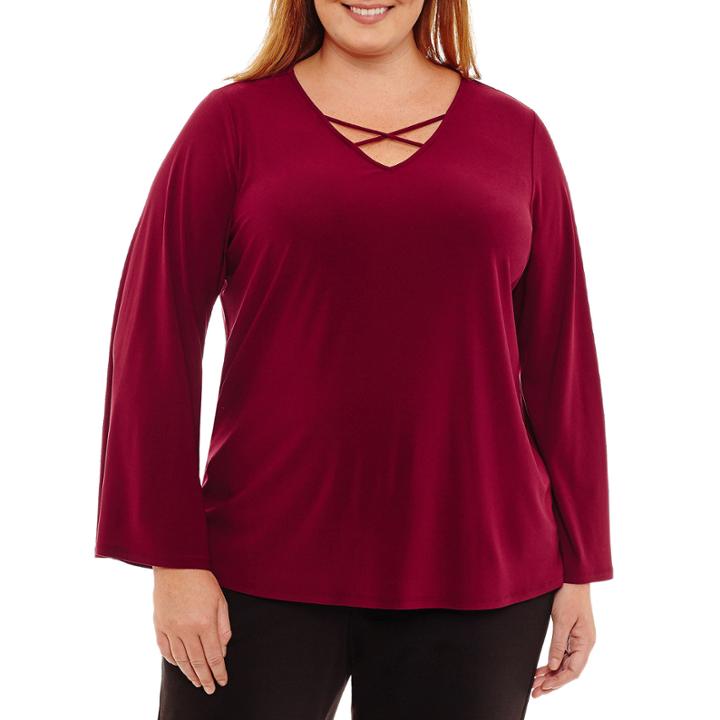 Worthington Long Sleeve V Neck T-shirt-womens Plus