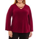 Worthington Long Sleeve V Neck T-shirt-womens Plus