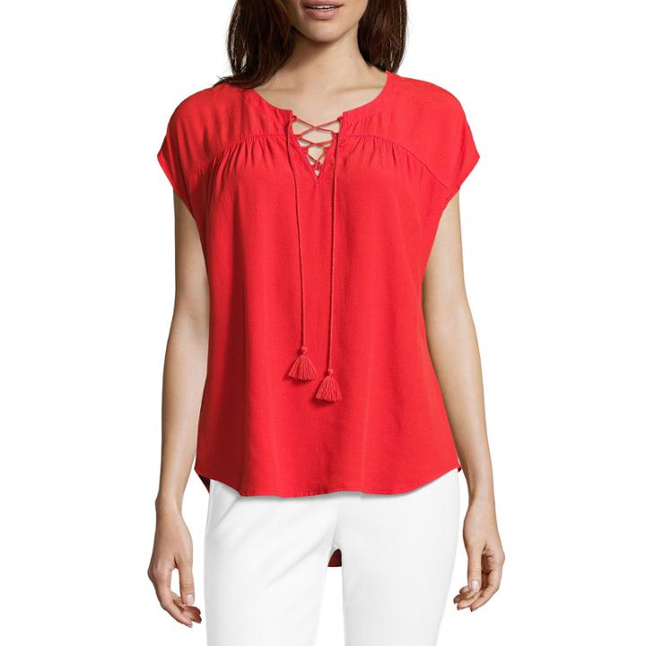 Liz Claiborne Short Sleeve Split Crew Neck Lace-up Blouse