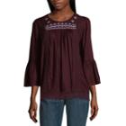 St. John's Bay Long Sleeve Round Neck Woven Embroidered Blouse