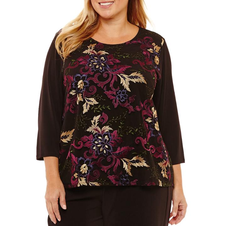 Liz Claiborne 3/4 Sleeve Embroidered Blouse-womens Plus