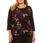 Liz Claiborne 3/4 Sleeve Embroidered Blouse-womens Plus