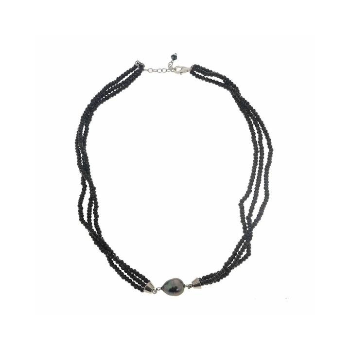 Genuine Tahitian Pearl And Black Spinel Sterling Silver Bead Necklace