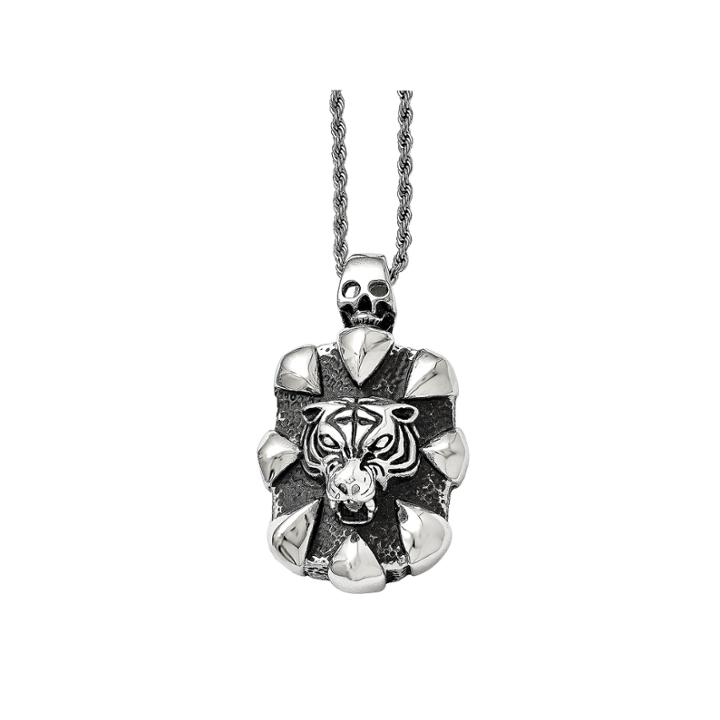 Mens Stainless Steel Antiqued Skull & Tiger Pendant