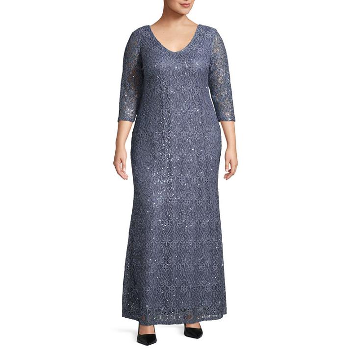Blue Sage 3/4 Sleeve Sequin Lace Evening Gown - Plus
