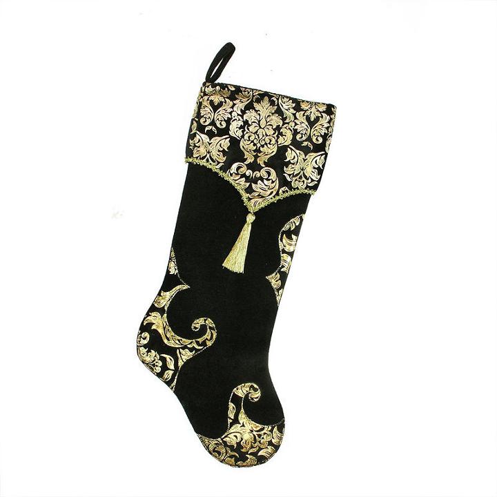 21.5 Black And Metallic Gold Damask Print Christmas Stocking With Gold Tassel And Trim