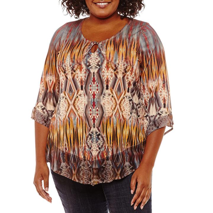 Unity World Wear 3/4 Sleeve Scoop Neck Knit Abstract Blouse-plus