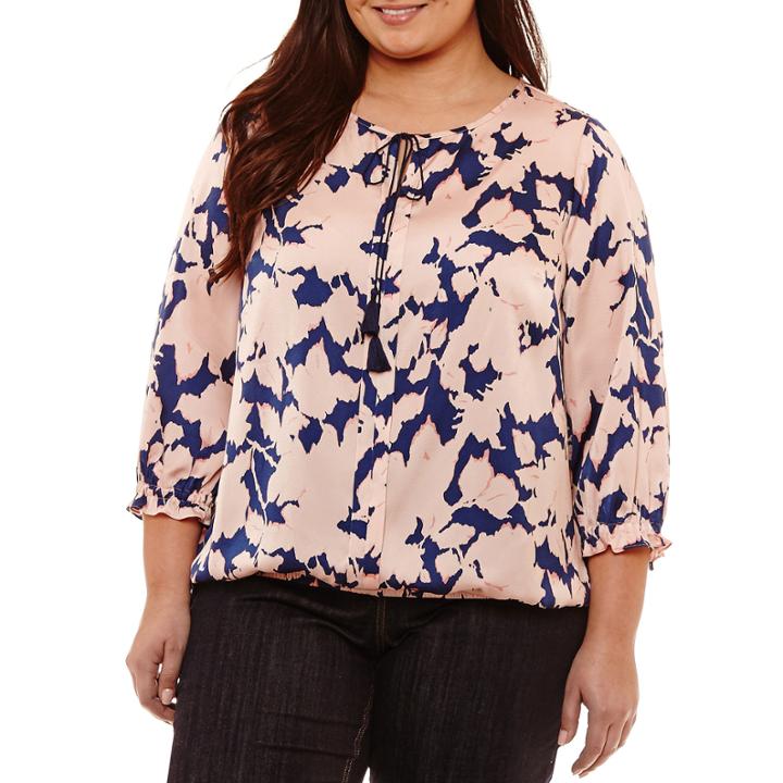 Liz Claiborne 3/4 Sleeve Split Crew Neck Woven Floral Blouse-plus