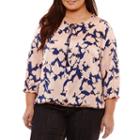 Liz Claiborne 3/4 Sleeve Split Crew Neck Woven Floral Blouse-plus