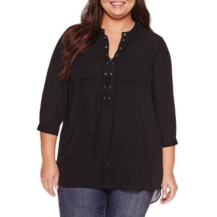 A.n.a Long Sleeve V Neck Crepe Blouse-plus