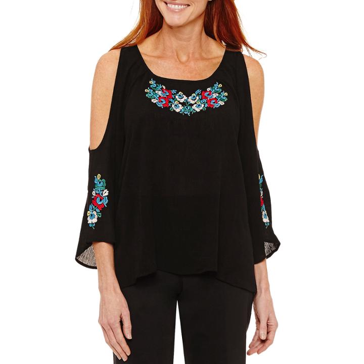Sag Harbor Fiesta Embroidered Elbow Sleeve Cold Shoulder Sleeve Solid Peasant Top