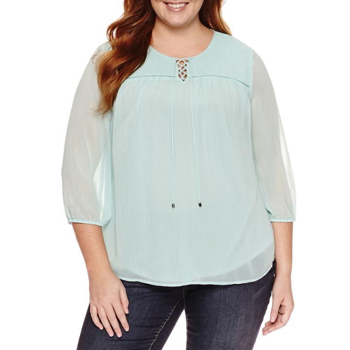St. John's Bay 3/4 Sleeve Solid Peasant Top Plus