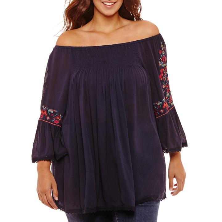 3/4 Embroidered Sleeve Off The Shoulder Blouse-plus