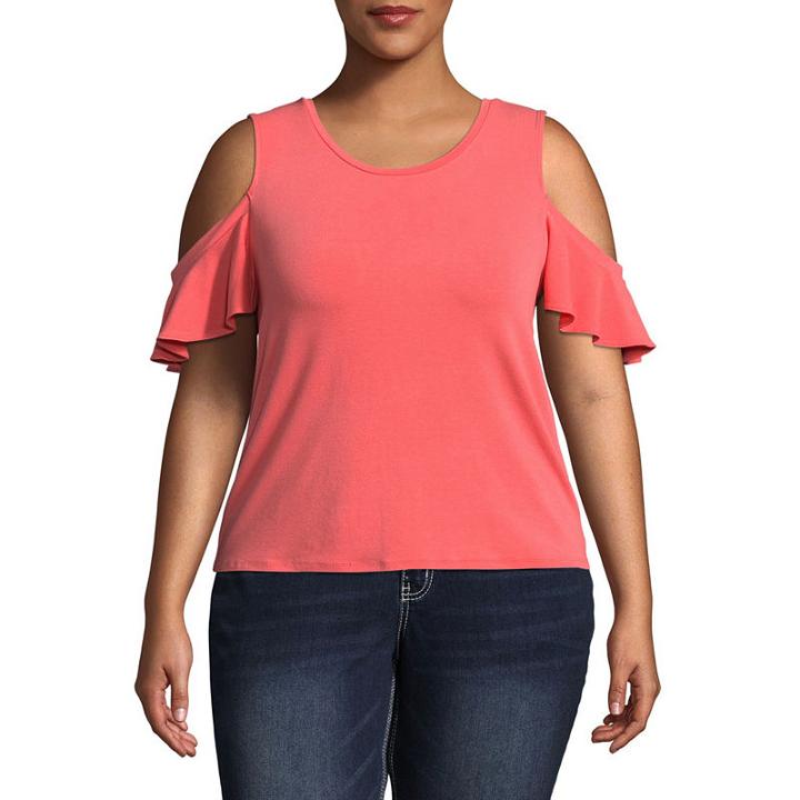 Arizona Cold Ruffle Shoulder Knit T-shirt-womens Juniors Plus