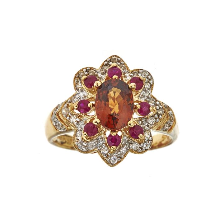 Limited Quantities Genuine Brown Zircon And Lead Glass-filled Hot Pink Ruby Flower Ring