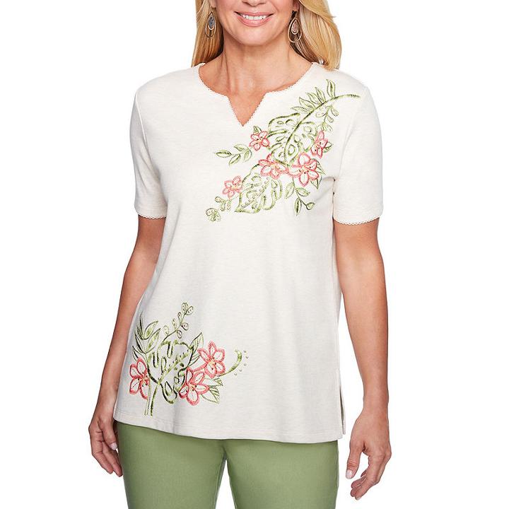 Alfred Dunner Parrot Cay Short Sleeve Split Crew Neck T-shirt-womens