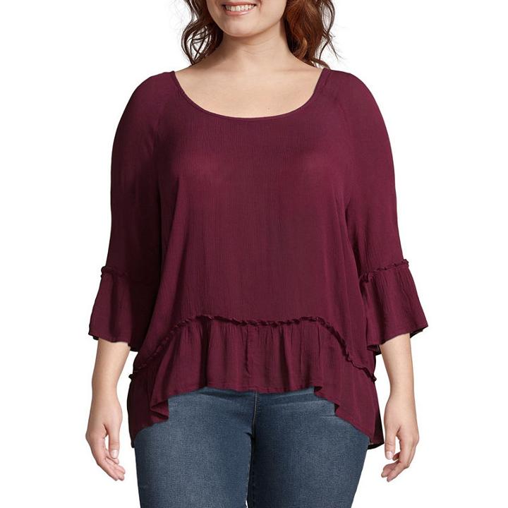Boutique + Long Sleeve Scoop Neck Woven Blouse - Plus