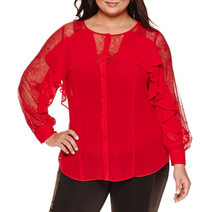 Bisou Bisou Long Sleeve Button Front Ruffle Blouse-plus