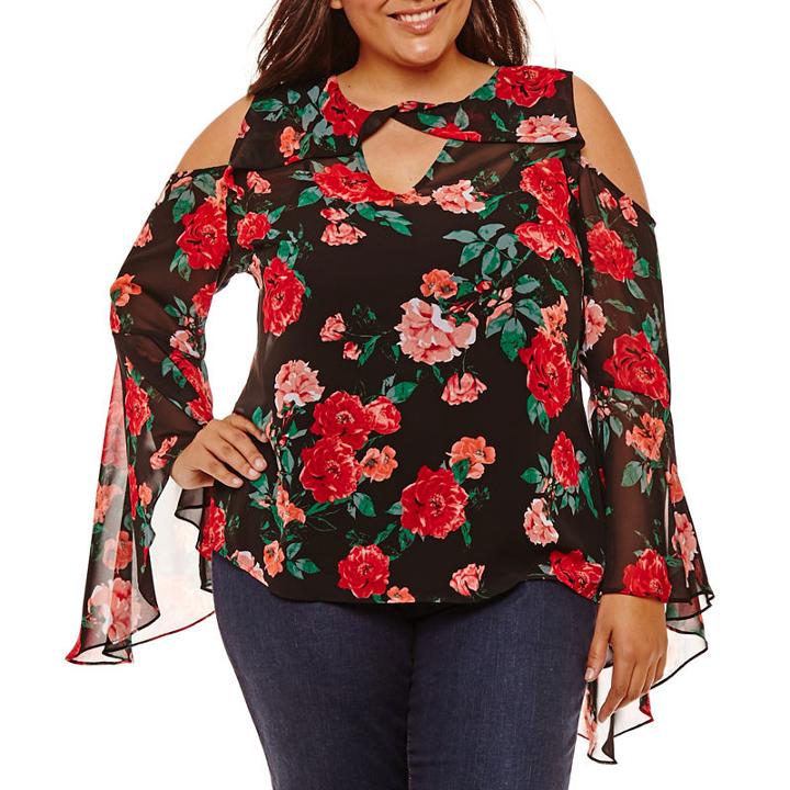 Belle + Sky Cold Shoulder Ruffle Sleeve Floral Blouse-plus