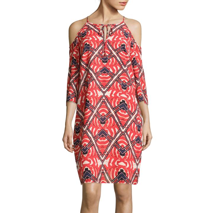 A.n.a 3/4-sleeve Cold-shoulder Printed Shift Dress