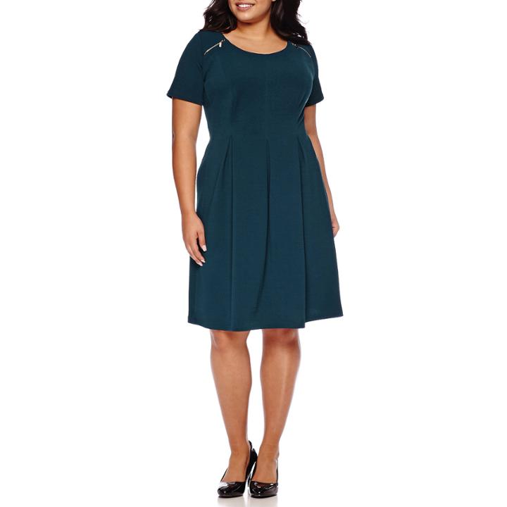 Alyx Short-sleeve Zipper-shoulder Textured Fit-and-flare Dress - Plus
