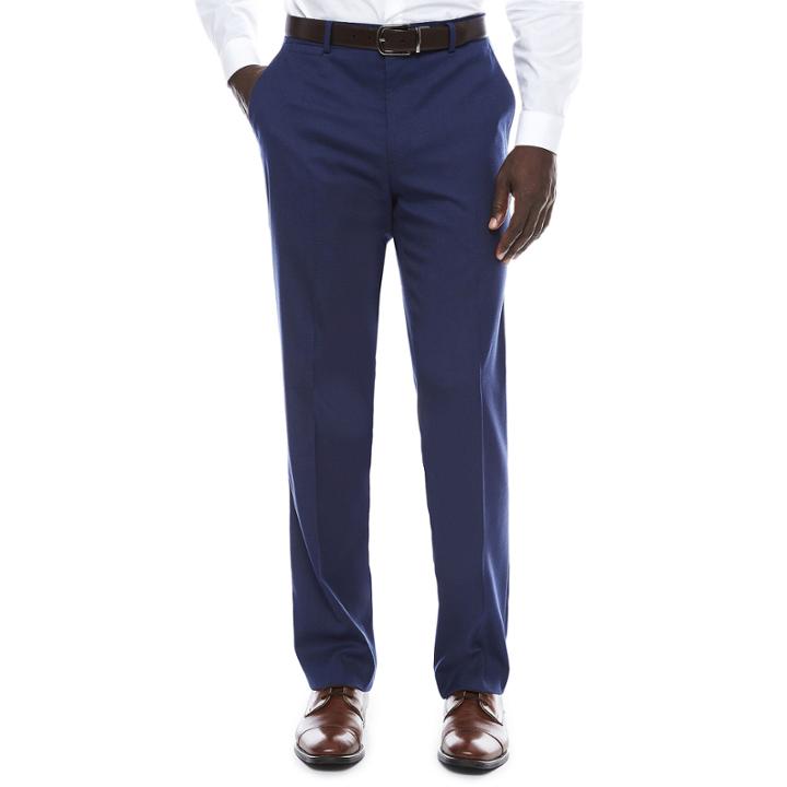 Men's Jf Stretch Blue Micro Check Flat-front Straight-leg Slim-fit Pant