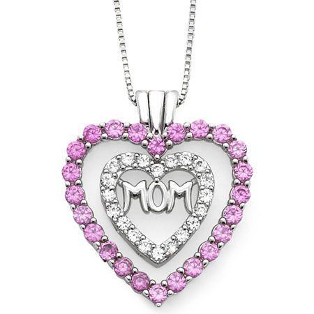 Lab-created Pink & White Sapphire Mom Heart Pendant Necklace