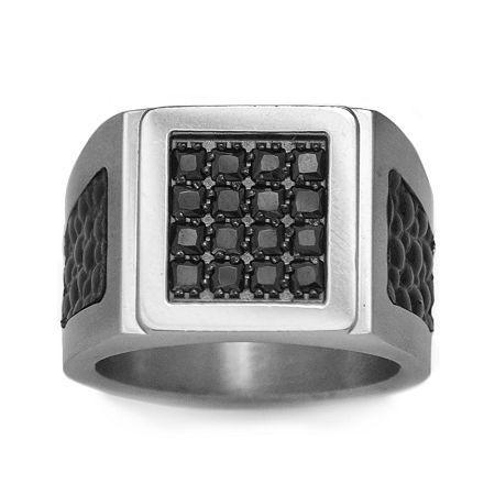 Mens Stainless Steel, Leather & Color-enhanced Black Diamond-accent Ring