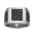 Mens Stainless Steel, Leather & Color-enhanced Black Diamond-accent Ring