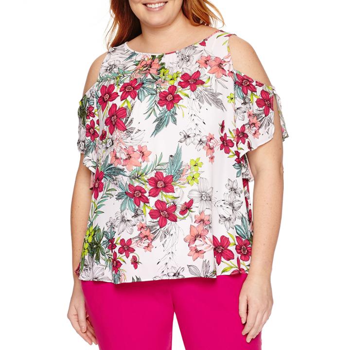 Worthington Short Sleeve Scoop Neck Woven Floral Blouse-plus