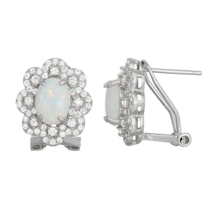 Lab Created White Opal Sterling Silver 15.1mm Oval Hoop Earrings